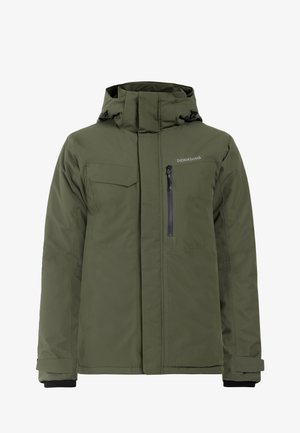 Olijfgroene geïsoleerde jas met verstelbare capuchon, rits- en klepzakken, en een gladde textuur, geschikt voor koude weersomstandigheden.