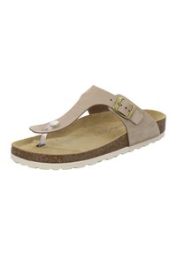 Beige thong sandal with a textured footbed, adjustable strap with gold buckle, and a cork midsole. White rubber outsole.