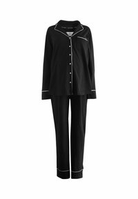 Black long-sleeve button-up pajamas with white piping, chest pocket, and matching long pants with white trim on the cuffs.