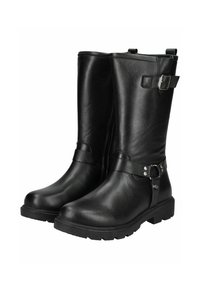 Botas altas de cuero negro con una textura suave, que cuentan con un cierre lateral, una correa con hebilla y una suela robusta con dibujo.