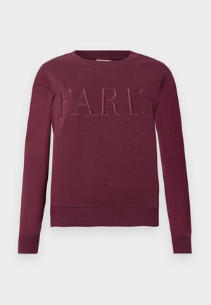 Burgundowy sweater z długim rękawem, okrągłym dekoltem, z haftowanym napisem "PARIS" na piersi oraz ściągaczami przy rękawach i dolnym brzegu.