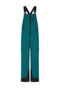 Teal waterdichte bretels met verstelbare zwarte banden, een rits aan de voorkant en meerdere zakken. Bevat zwarte accenten aan de zoom.