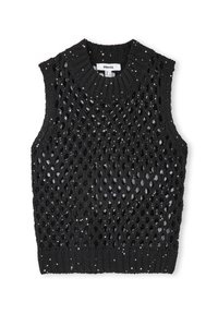 Top nero senza maniche in maglia con motivo a diamante arricchito da piccole paillettes, scollo rotondo a costine e finitura testurizzata.