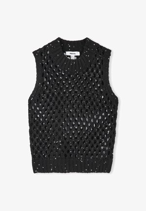Schwarzes ärmelloses Strickoberteil mit einem Diamantmuster und kleinen Pailletten, geripptem Rundhals-Ausschnitt und einer strukturierten Oberfläche.