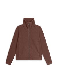 Giacca marrone con zip e colletto alto, caratterizzata da un motivo a trecce testurizzato sul davanti e tessuto liscio sulle maniche e sul retro.