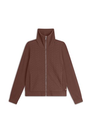 Giacca marrone con zip e colletto alto, caratterizzata da un motivo a trecce testurizzato sul davanti e tessuto liscio sulle maniche e sul retro.