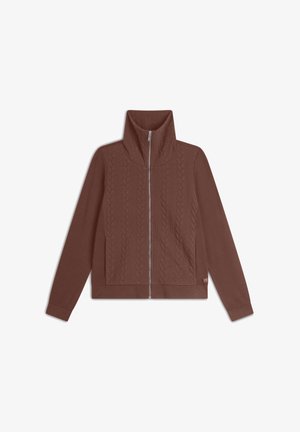 Veste zippée marron avec col haut, présentant un motif en tricot torsadé texturé sur le devant et un tissu lisse sur les manches et le dos.