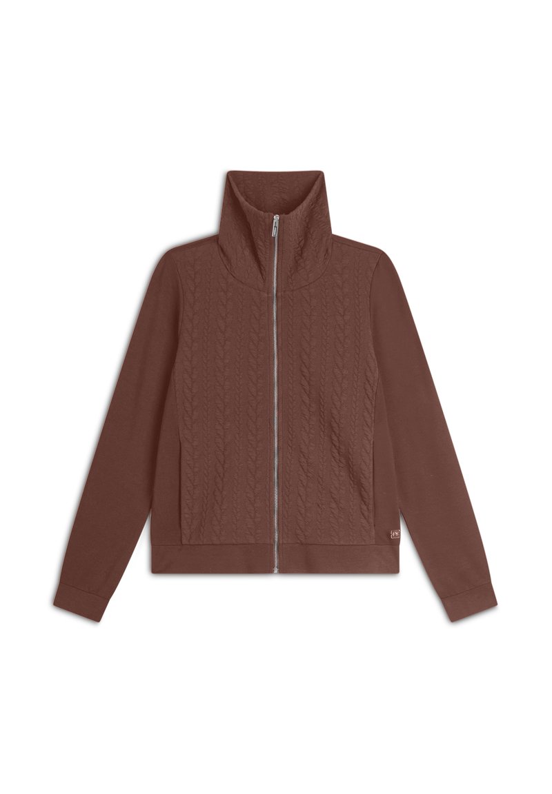 Giacca marrone con zip e colletto alto, caratterizzata da un motivo a trecce testurizzato sul davanti e tessuto liscio sulle maniche e sul retro.