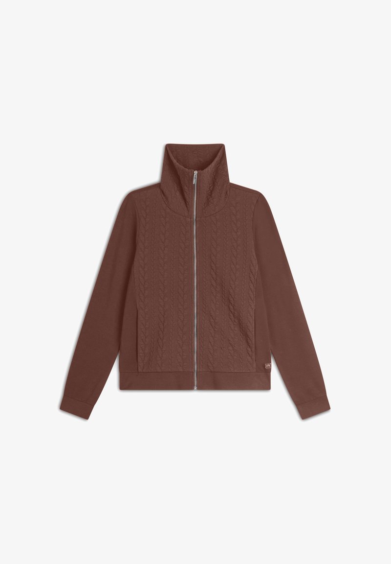 Giacca marrone con zip e colletto alto, caratterizzata da un motivo a trecce testurizzato sul davanti e tessuto liscio sulle maniche e sul retro.