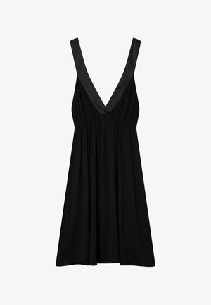 Black sleeveless dress with deep V-neck, fitted waist, and flared knee-length skirt.