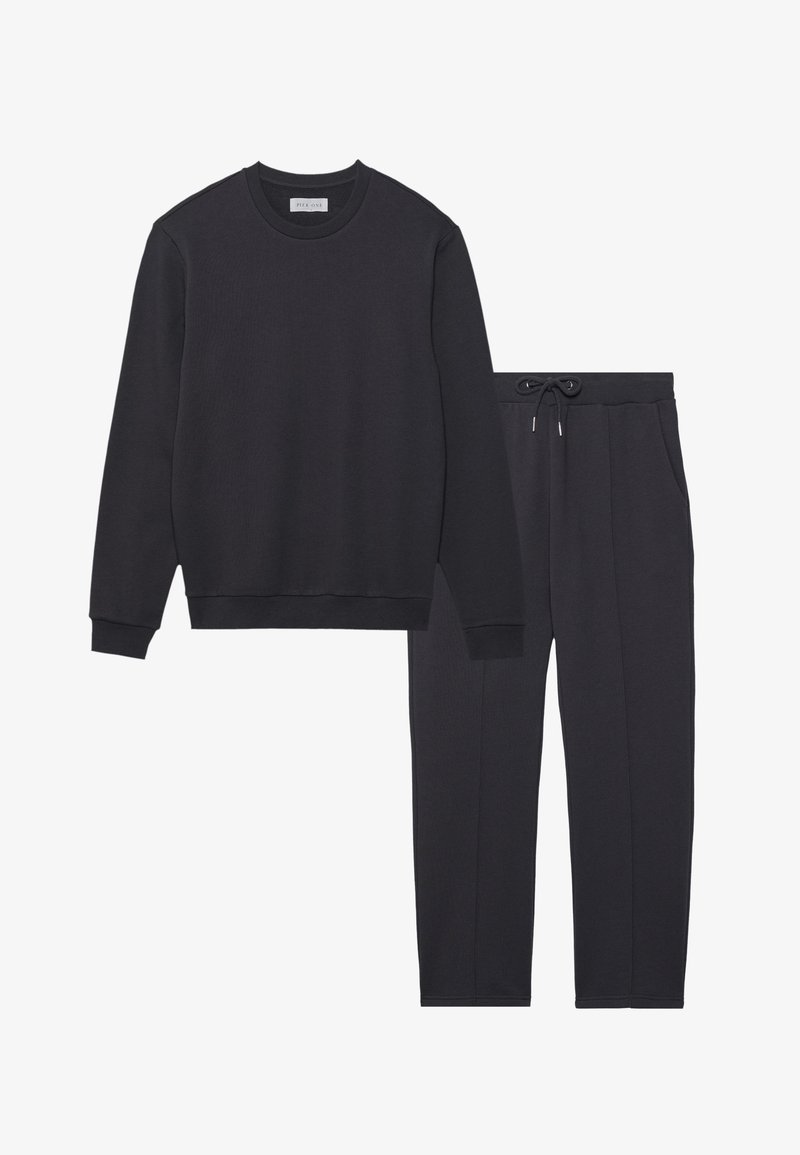 Tumehall sweatshirt ja sobivad püksid. Sweatshirtil on sooniline tekstuur ja ümar kaelus; pükstel on elastne vöökoht koos nööriga.