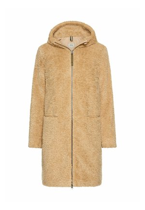Beige Kapuzenmantel aus flauschigem, strukturiertem Stoff. Verfügt über einen Reißverschluss und zwei Fronttaschen. Schlichter, gerader Schnitt.