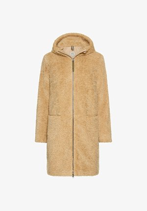 Beige Kapuzenmantel aus flauschigem, strukturiertem Stoff. Verfügt über einen Reißverschluss und zwei Fronttaschen. Schlichter, gerader Schnitt.