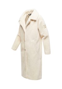 Crème-kleurige fleece jas met een notch-kraag, lange mouwen, zijzakken en een gestructureerd oppervlak. Bevat een logo op de mouw.