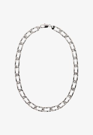 Silberne Kettenhalskette mit abwechselnd länglichen und ovalen Gliedern, die mit gravierten Sonnenstrahlmustern versehen sind, gesichert mit einem Karabinerverschluss.