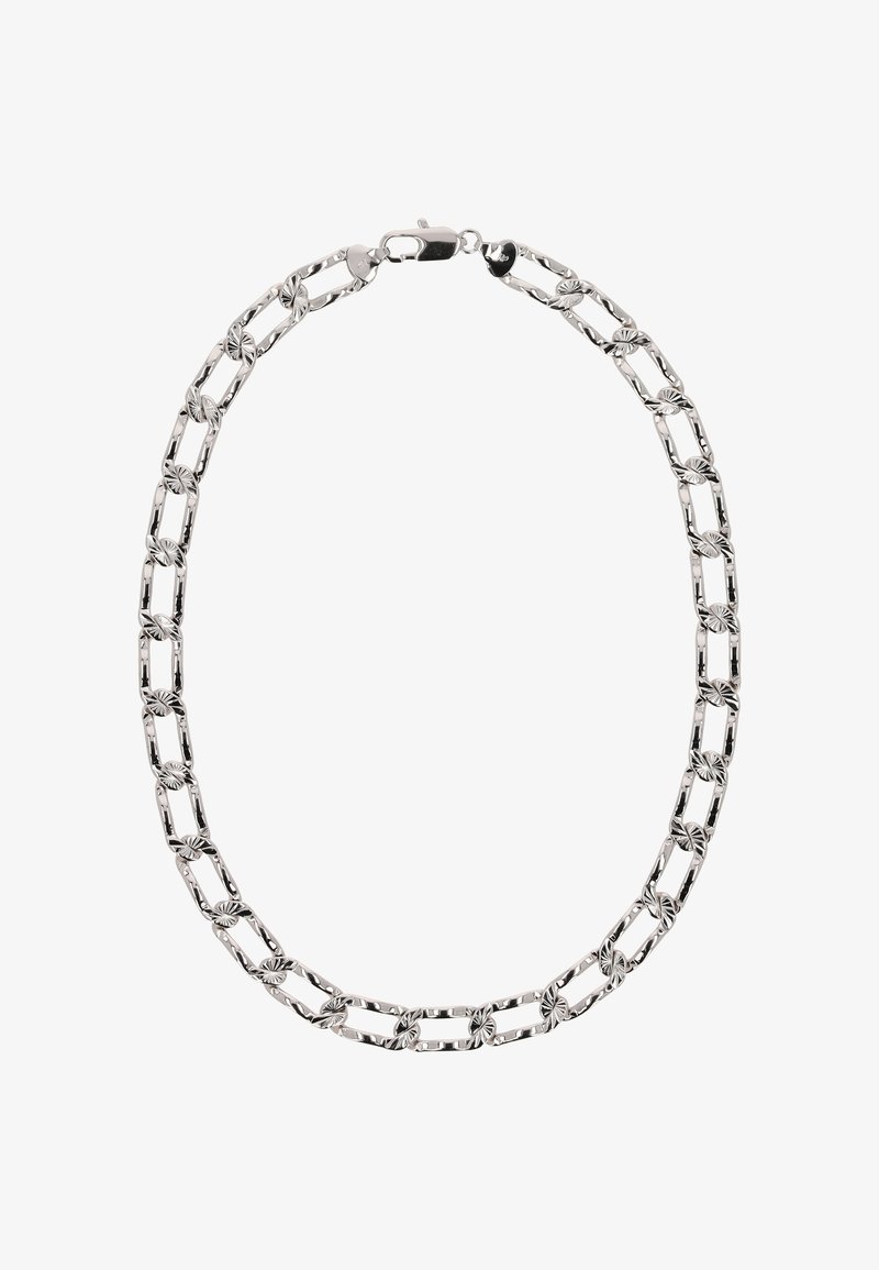 Zilveren ketting met afwisselend langwerpige schakels en ovale schakels, voorzien van ingekerfde zonnestraalpatronen, beveiligd met een karabijnsluiting.