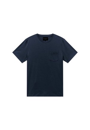 Navy katoenen t-shirt met een ronde hals, korte mouwen en een enkele borstzak. Gladde textuur, casual ontwerp en minimale details.