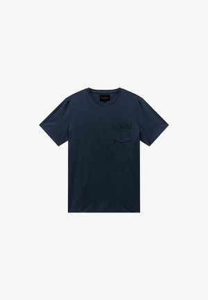 Navy cotton t-shirt with a crew neck, short sleeves, and a single chest pocket. Smooth texture, casual design, and minimal detailing.
