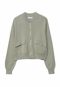 Veste bomber en tricot vert clair avec fermeture éclair, ourlet côtelé et deux poches avant. Présente des manches longues et un col rond.