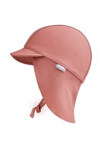 Helle rosa Schwimmhaube mit einem breiten, flexiblen Schirm und einem verlängerten Nackenlapel. Gefertigt aus glattem, wasserabweisendem Material, mit einer verstellbaren Schnur.