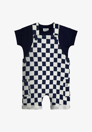 Tumesinist värvi lühikeste varrukatega body, millel on valge ja tumesinise ruudulise mustriga lühikesed üleülikonnad, mis on varustatud nööpidega rihmade ja taskutega.