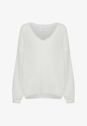 Suéter blanco suave de punto con mangas largas, escote en pico pronunciado y puños y bajo acanalados, mostrado sobre un fondo liso.