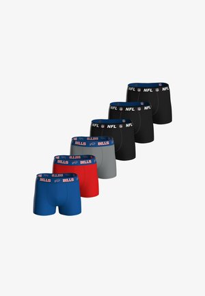 Pięć par męskich bokserek w kolorach niebieskim, czerwonym, szarym i czarnym z logo NFL i Buffalo Bills na pasie.