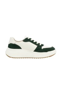 Green and white sneaker featuring a mix of leather and suede, with a thick, ridged sole and traditional lace-up design.