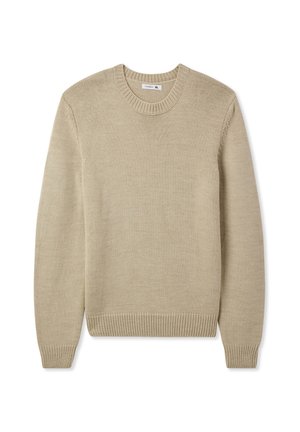Maglione lavorato a maglia di un beige chiaro con scollo rotondo, orlo e polsini a coste, caratterizzato da un motivo testurizzato e maniche lunghe. Taglia XL.
