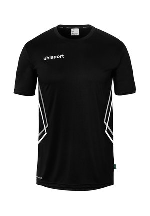 Black short-sleeve sports shirt with white Uhlsport logo on the chest and white geometric side stripes on both sides.