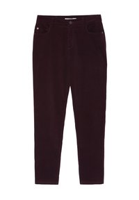 Pantalon en velours côtelé bordeaux à coupe slim, avec cinq poches, passants pour ceinture et surpiqûres ton sur ton pour une finition soignée.