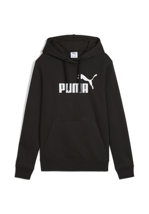 Black hooded sweatshirt with a kangaroo pocket, featuring a white "PUMA" logo and emblem on the front. Classic fit with ribbed cuffs.