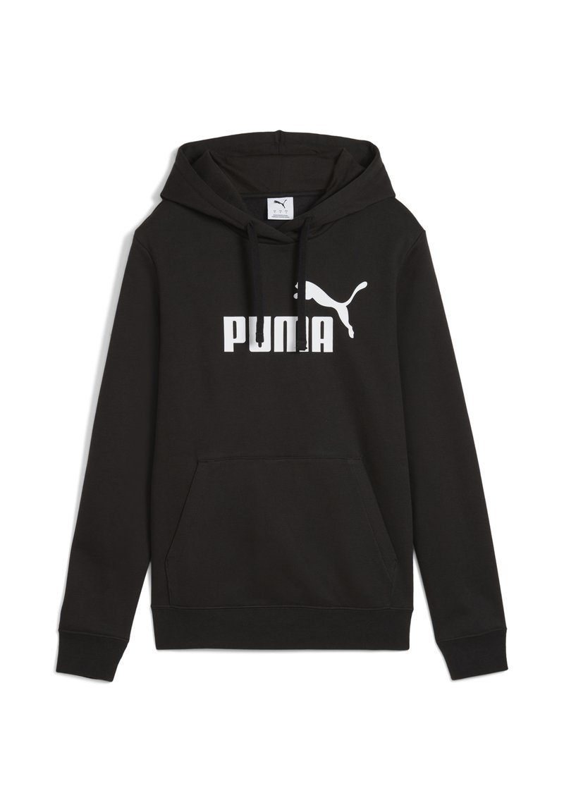 Sudadera con capucha negra con un bolsillo tipo canguro, que presenta un logotipo y emblema blancos de "PUMA" en la parte frontal. Ajuste clásico con puños acanalados.