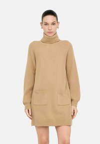 Vestito di maglione in marrone chiaro con colletto alto a coste, maniche lunghe e due tasche a toppa sul davanti. Texture morbida, vestibilità comoda.