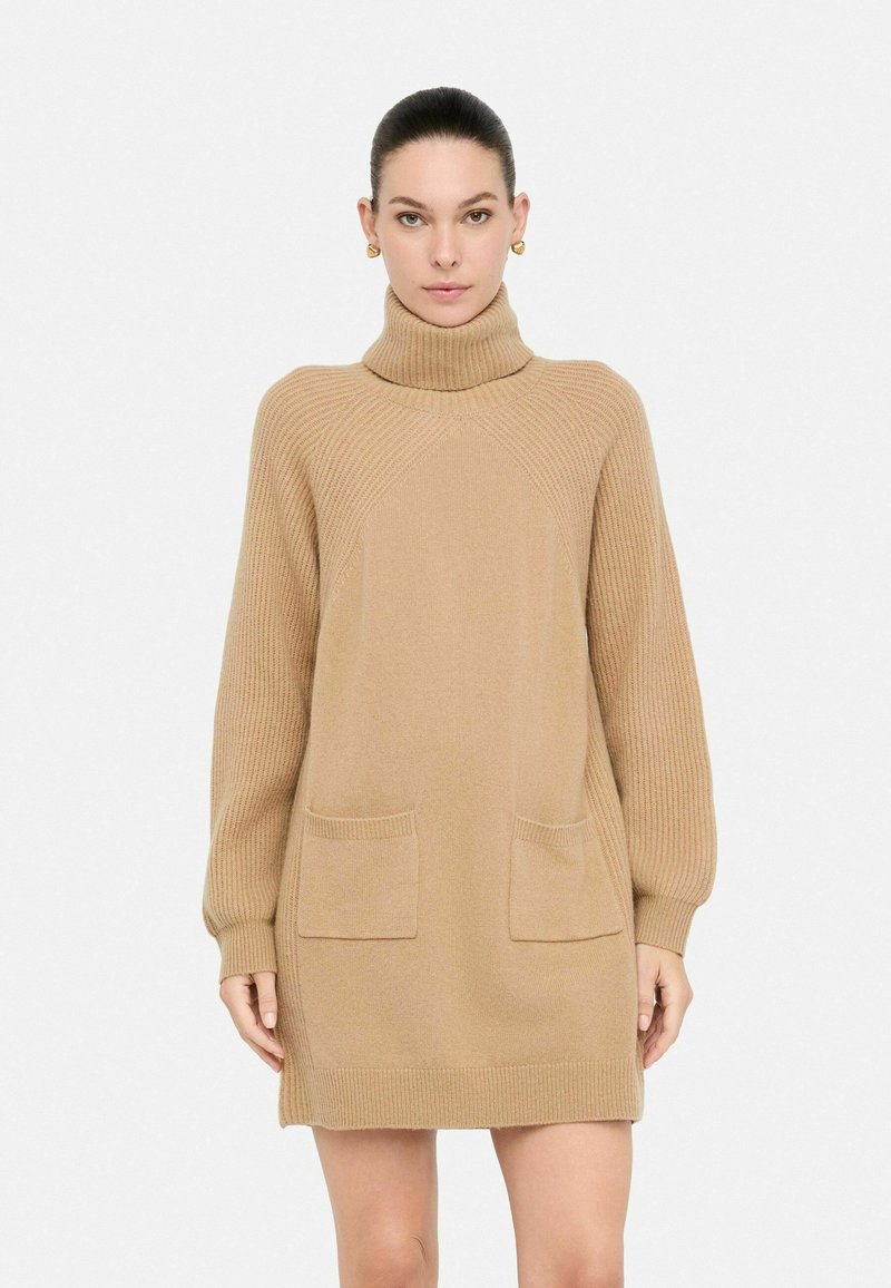 Vestito di maglione in marrone chiaro con colletto alto a coste, maniche lunghe e due tasche a toppa sul davanti. Texture morbida, vestibilità comoda.