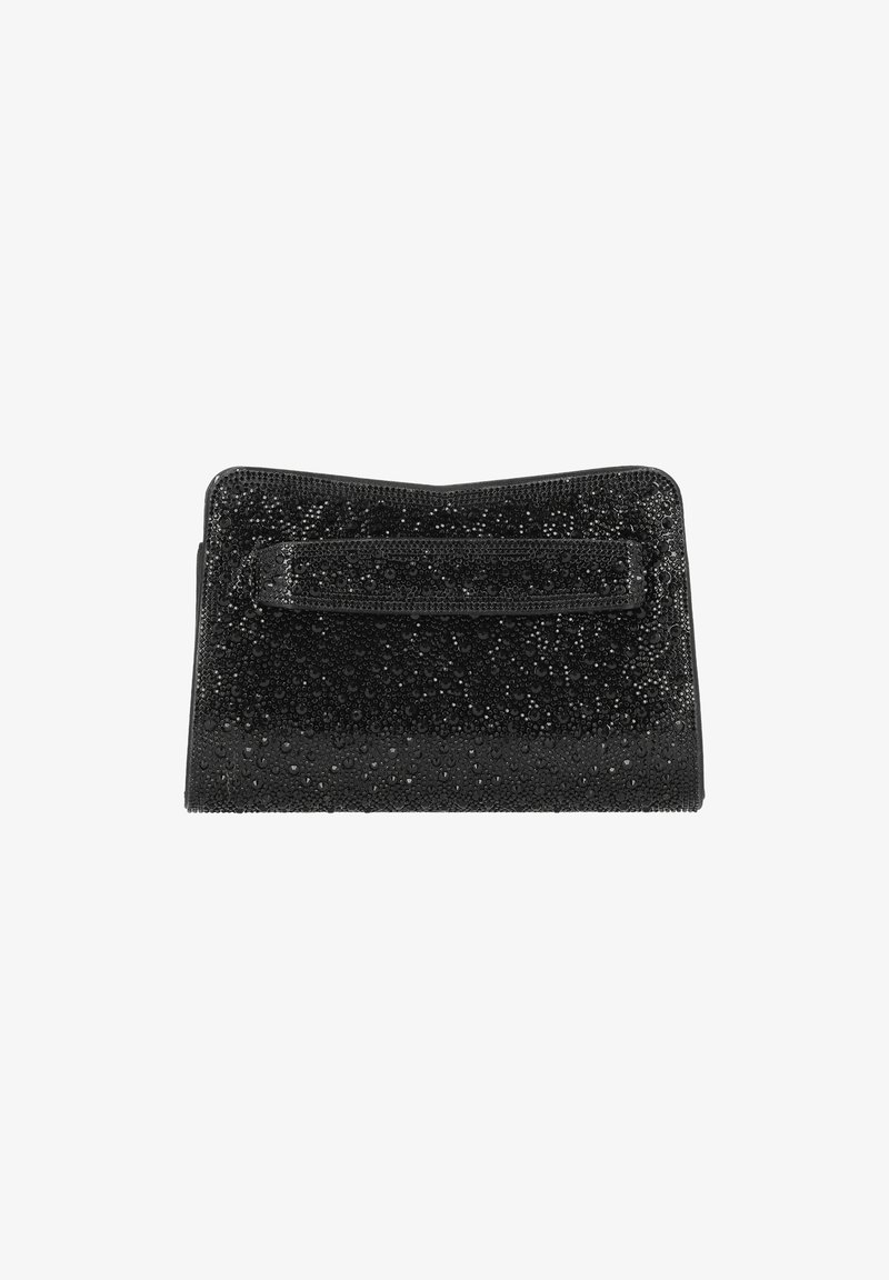 Schwarze Clutch mit strukturierter Oberfläche, verziert mit Tropfen. Verfügt über ein flaches, umklappbares Design und einen einfachen Riemen. Glatte Oberfläche und kompakte Form.