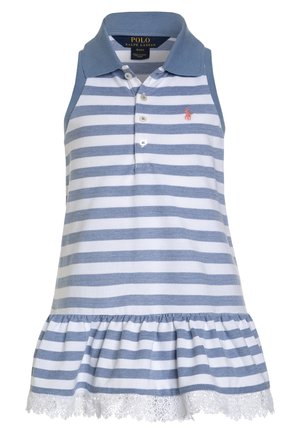 Robe polo sans manches à rayures bleues et blanches avec col, trois boutons, ourlet froncé et bordure en dentelle blanche en bas.