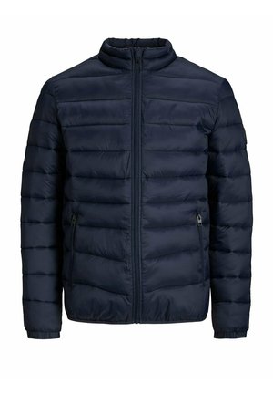 Mørkeblå quiltet dunjakke med høj krave, fuld lynlås foran og lynlåslommer i siderne.