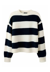 Sweter w paski w kolorach granatowym i kremowym, wykonany z miękkiego materiału. Posiada okrągły dekolt, opadające ramiona oraz ściągacze na rękawach i na dole.