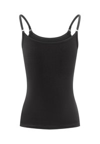 Top negro sin mangas con delgadas tirantes ajustables, diseño sin costuras, tela elástica y silueta ajustada, adecuado para superponer o para un uso casual.