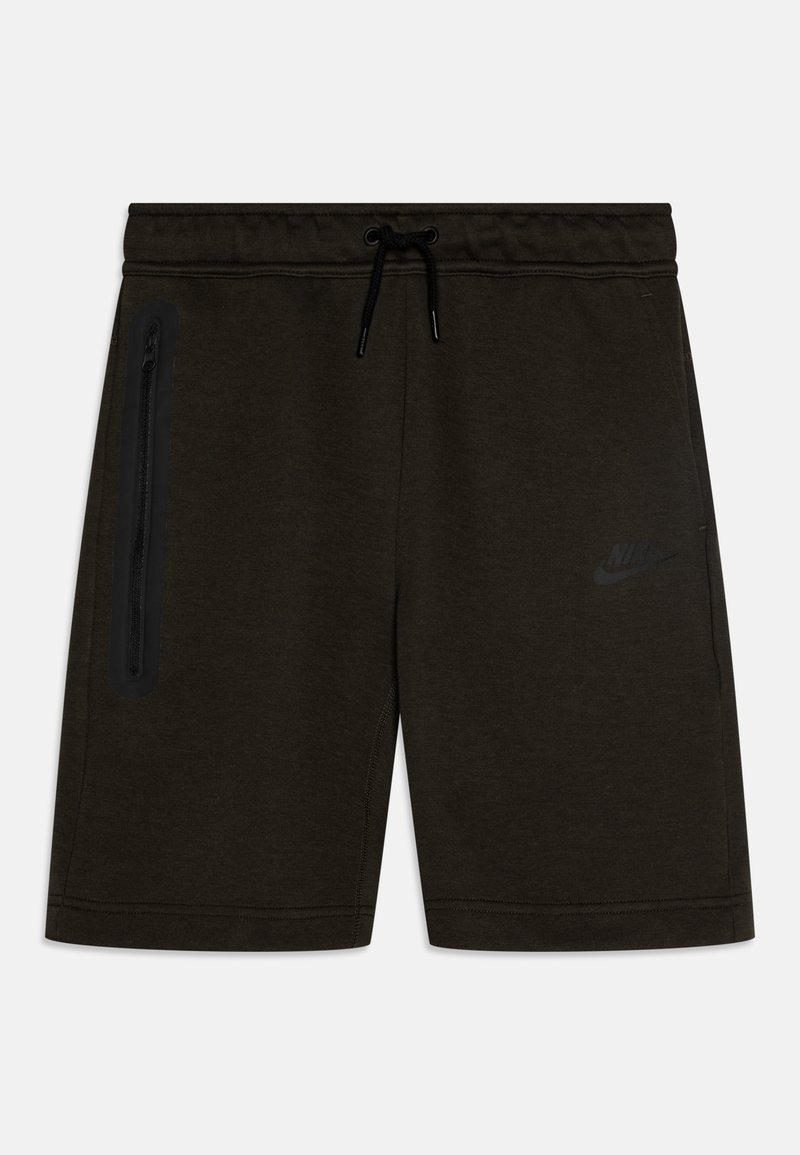 Dark green cotton blend shorts with a drawstring waist, side zip pockets, and a small black Nike logo on the front.