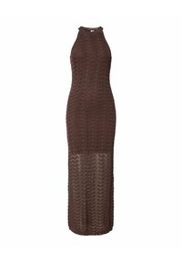 Robe maxi marron sans manches avec col montant et un motif en crochet détaillé en forme de vague.