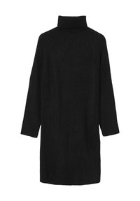 Schwarzes Strickkleid mit hohem Rollkragen, dreiviertellangen Ärmeln und einem strukturierten Muster. Hergestellt aus weichem, voluminösen Garn.