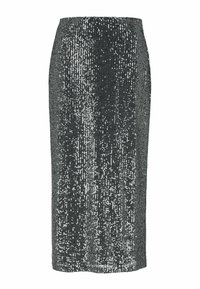 Grijze pailletten kokerrok met een hoge taille, voorzien van een gladde textuur en een aansluitende silhouet, die het licht weerkaatst met zilveren accenten.