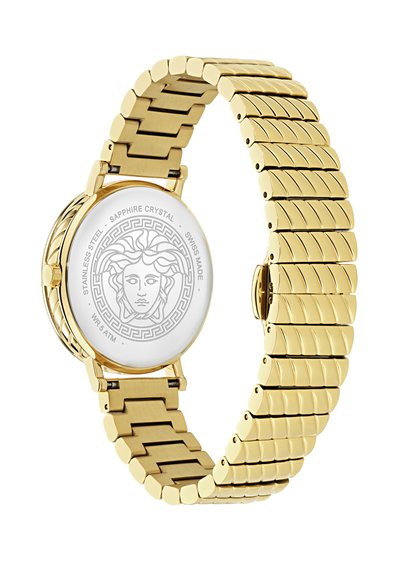 Bracelet de montre en métal doré avec dos en acier inoxydable gravé d'une tête de Méduse et des inscriptions "Sapphire Crystal", "Swiss Made" et "WR 5 ATM".