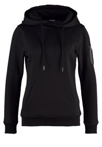 Sweat à capuche noir à manches longues avec poche kangourou à l'avant, capuche avec cordon de serrage, poignets et ourlet côtelés, et poche zippée sur le haut de la manche gauche.