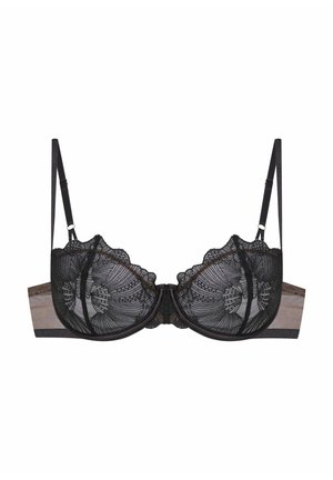 Black lace bra with scalloped edges, sheer fabric, and intricate floral patterns. Features thin adjustable straps and a smooth band.