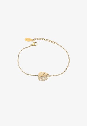 Gold bracelet featuring a leaf-shaped pendant adorned with clear crystals, on a delicate chain with a lobster clasp closure.