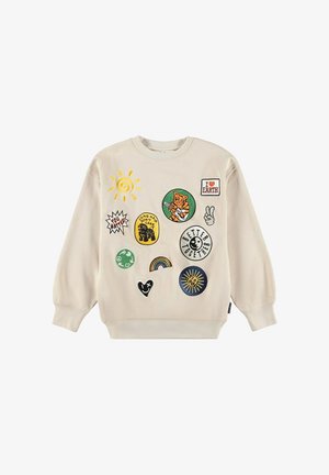 Crème sweatshirt met ronde halslijn. Bevat meerdere kleurrijke patches, waaronder ontwerpen van de zon, de aarde en dieren. Zachte textuur.