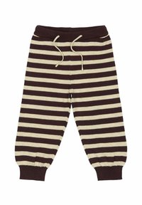 Braun- und cremefarbene gestreifte Hose mit geripptem Bund und Bündchen. Verfügt über einen Kordelzug und ein entspanntes, schmal zulaufendes Bein.